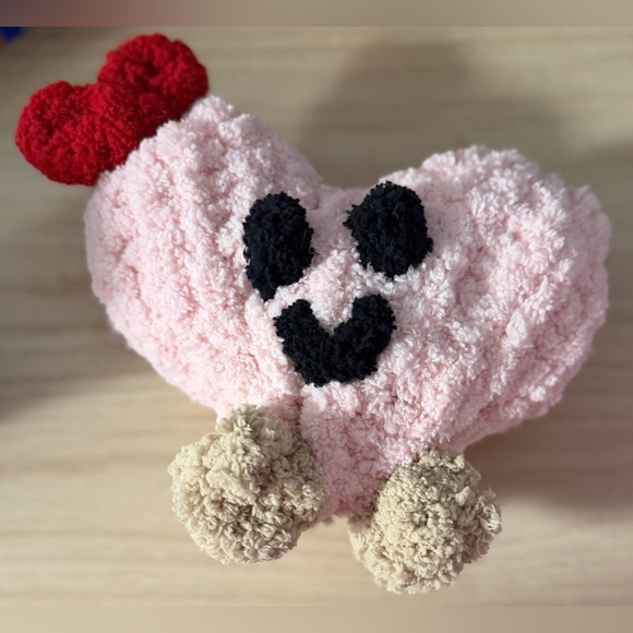 Handmade hand crafted Knit Pink Heart Plushie with Red Bow - Picture 2 of 2
